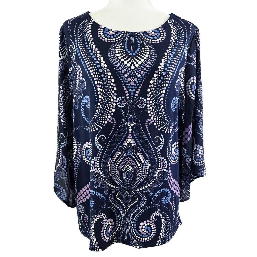 Chico's Blue Abstract Dotted Paisley Slinky Knit Top Boho Beachy Stretch